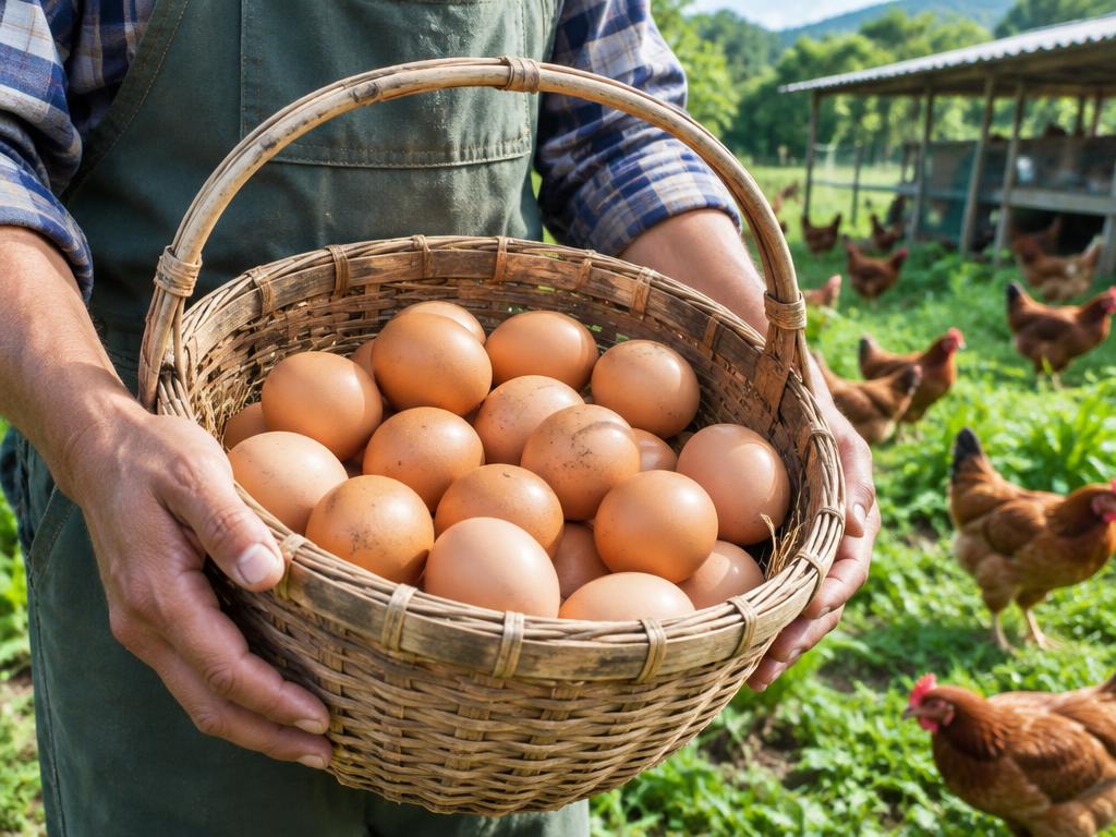 Farm worker carefully holding a basket of brown eggs