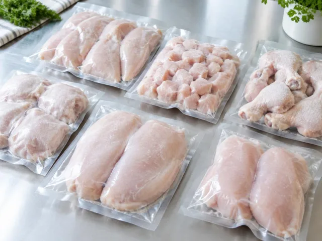 Neatly sealed chicken portions with light frost