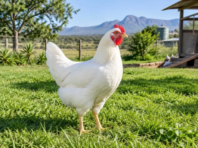 White hen on green grass beside a poultry house